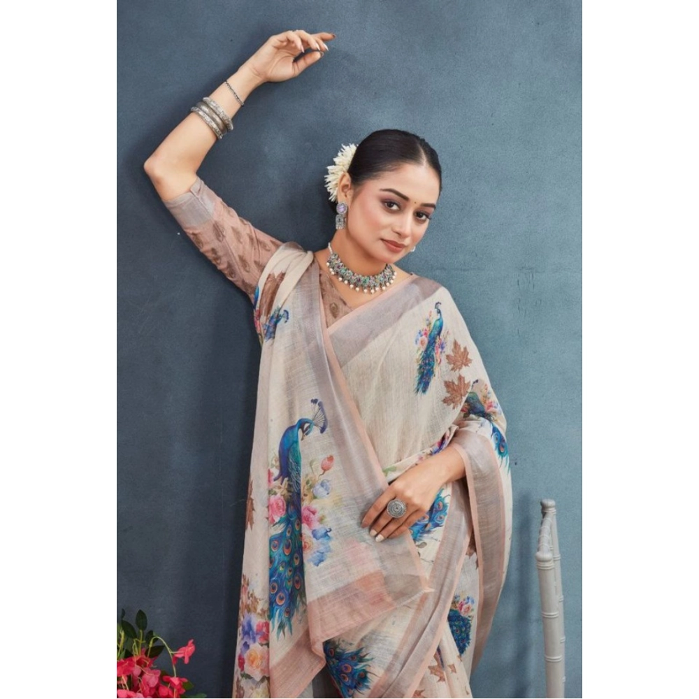 Generic Women's Linen Floral Printed Saree With Unstitched Blouse 5.5Mtr (Beige) Generic Women's Linen Floral Printed Saree With Unstitched Blouse 5.5Mtr (Beige)