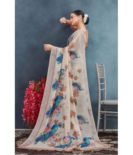 Generic Women's Linen Floral Printed Saree With Unstitched Blouse 5.5Mtr (Beige) Generic Women's Linen Floral Printed Saree With Unstitched Blouse 5.5Mtr (Beige)