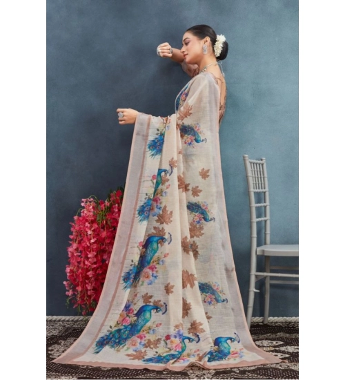 Generic Women's Linen Floral Printed Saree With Unstitched Blouse 5.5Mtr (Beige)