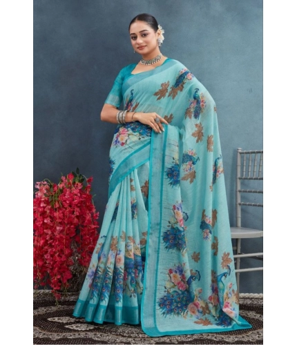 Generic Women's Linen Floral Printed Saree With Unstitched Blouse 5.5Mtr (Aqua)