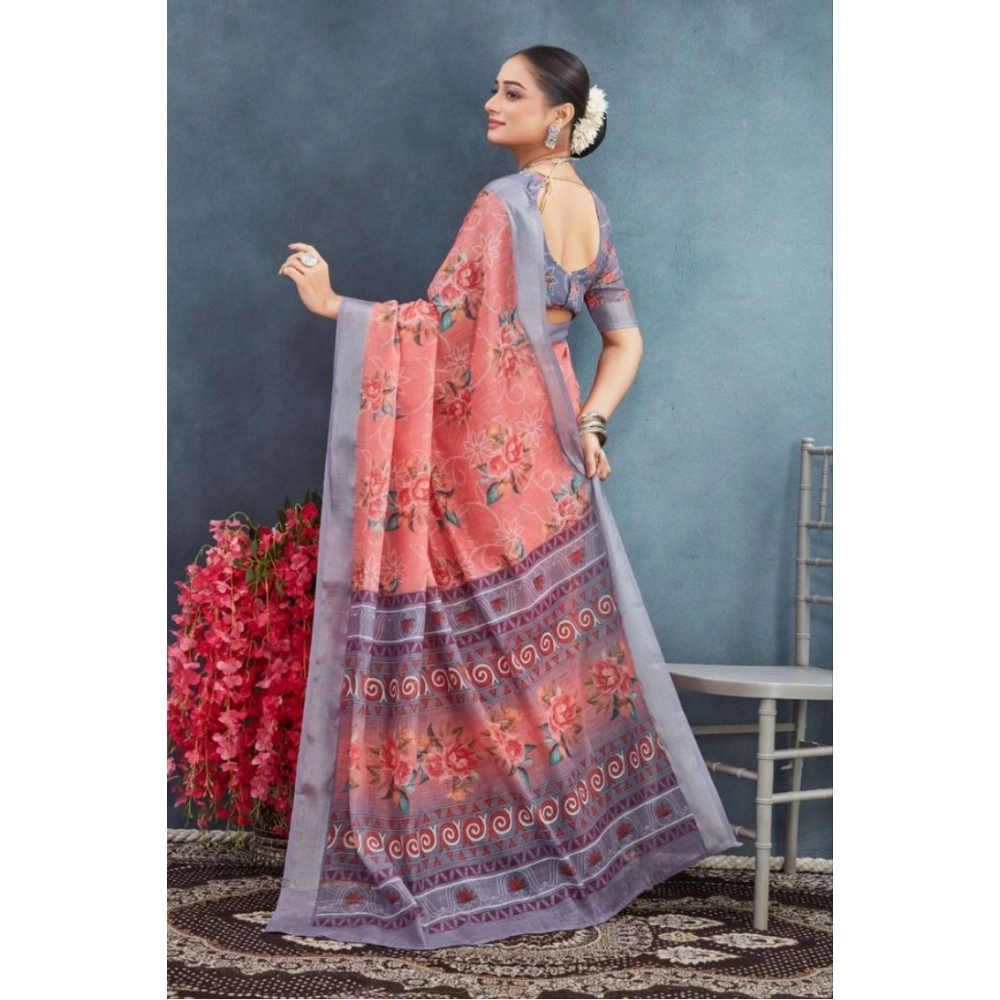 Generic Women's Linen Floral Printed Saree With Unstitched Blouse 5.5Mtr (Peach) Generic Women's Linen Floral Printed Saree With Unstitched Blouse 5.5Mtr (Peach)