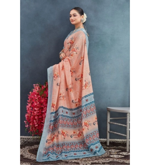 Generic Women's Linen Floral Printed Saree With Unstitched Blouse 5.5Mtr (Orange)