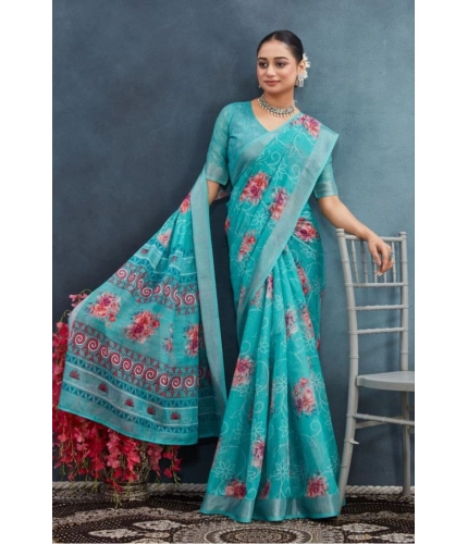 Generic Women's Linen Floral Printed Saree With Unstitched Blouse 5.5Mtr (Aqua)