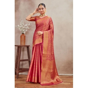 Generic Women's Silk Blend Floral Printed Saree With Unstitched Blouse 5.5Mtr (Pink)