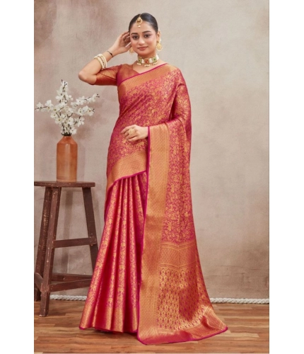 Generic Women's Silk Blend Floral Printed Saree With Unstitched Blouse 5.5Mtr (Pink)