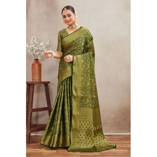 Women's Silk Blend Floral Printed Saree With Unstitched Blouse 5.5Mtr (Green)