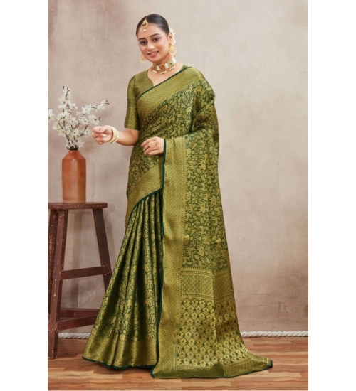 Generic Women's Silk Blend Floral Printed Saree With Unstitched Blouse 5.5Mtr (Green)