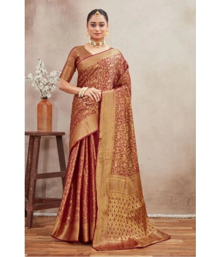 Generic Women's Silk Blend Floral Printed Saree With Unstitched Blouse 5.5Mtr (Brown)
