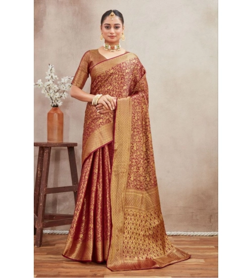 Generic Women's Silk Blend Floral Printed Saree With Unstitched Blouse 5.5Mtr (Brown)