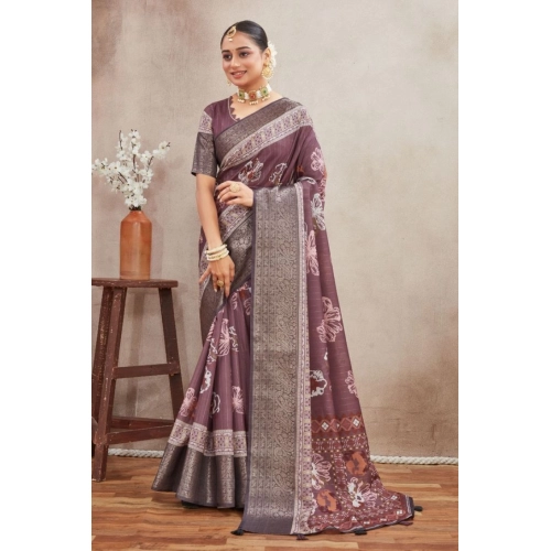 Women's Crepe Silk Printed Saree With Unstitched Blouse 5.5Mtr (purple)