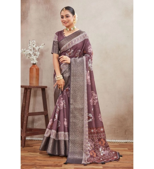 Generic Women's Crepe Silk Printed Saree With Unstitched Blouse 5.5Mtr (purple)