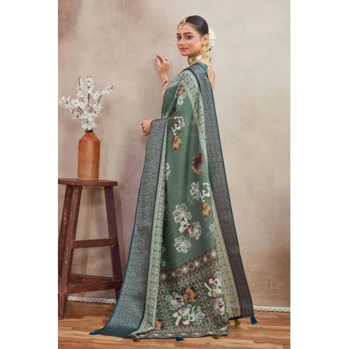 Women's Crepe Silk Printed Saree With Unstitched Blouse 5.5Mtr (Green)
