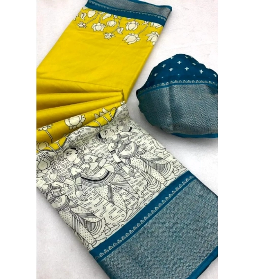 Generic Women's Dola Silk Printed Saree With Unstitched Blouse 5.5Mtr (Yellow )