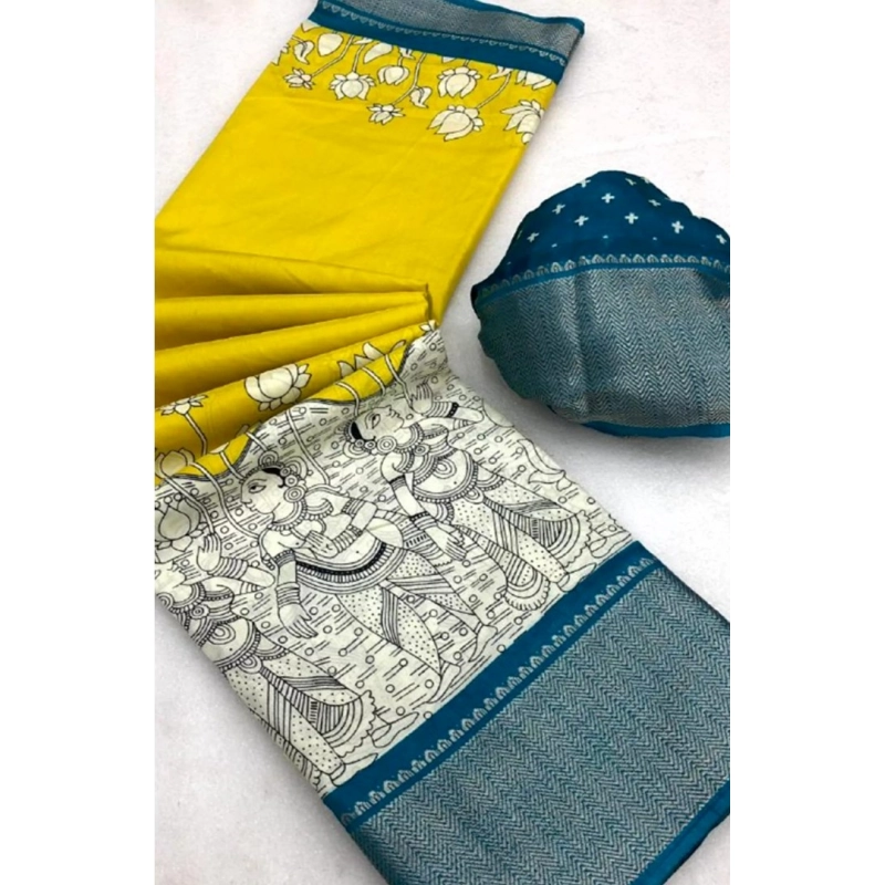 Women's Dola Silk Printed Saree With Unstitched Blouse 5.5Mtr (Yellow ) Women's Dola Silk Printed Saree With Unstitched Blouse 5.5Mtr (Yellow )