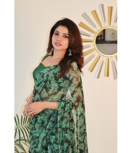 Generic Women's Georgette Printed Saree With Unstitched Blouse 5.5Mtr (Dark Green )