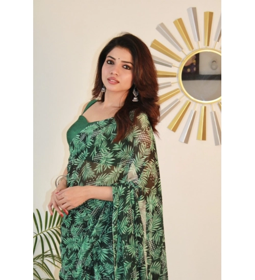 Generic Women's Georgette Printed Saree With Unstitched Blouse 5.5Mtr (Dark Green )