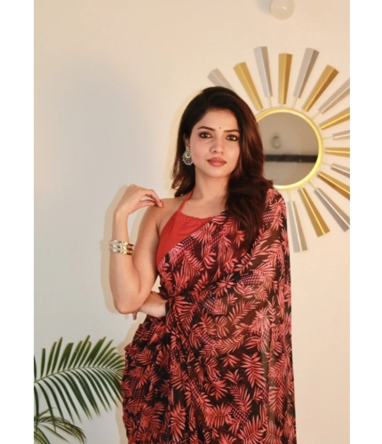 Generic Women's Georgette Printed Saree With Unstitched Blouse 5.5Mtr (Red)