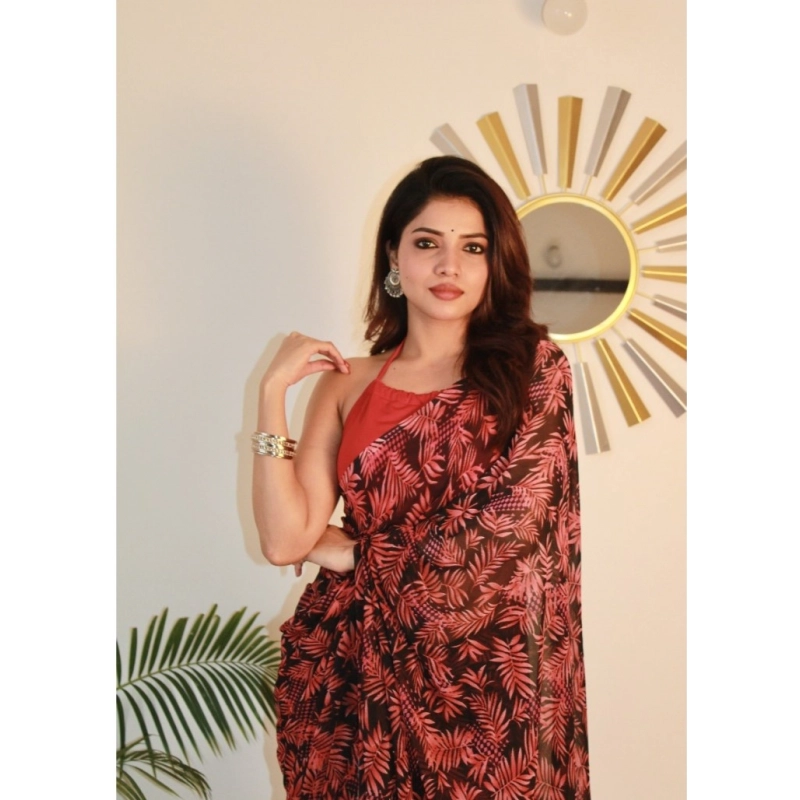 Women's Georgette Printed Saree With Unstitched Blouse 5.5Mtr (Red)