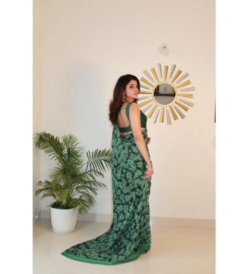 Generic Women's Georgette Printed Saree With Unstitched Blouse 5.5Mtr (Dark Green )