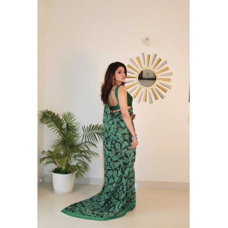 Women's Georgette Printed Saree With Unstitched Blouse 5.5Mtr (Dark Green )