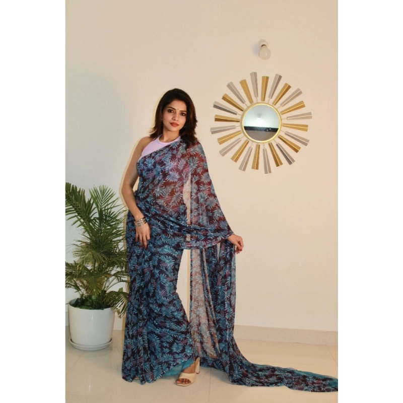 Women's Georgette Printed Saree With Unstitched Blouse 5.5Mtr (Light Blue )