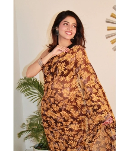 Generic Women's Georgette Printed Saree With Unstitched Blouse 5.5Mtr (Yellow )