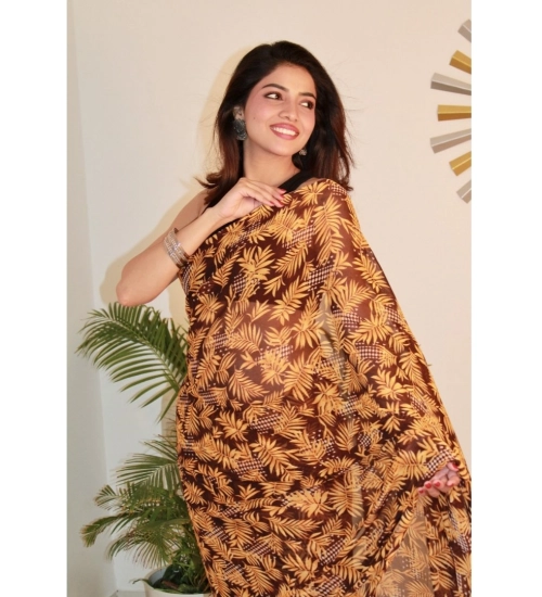 Generic Women's Georgette Printed Saree With Unstitched Blouse 5.5Mtr (Yellow )