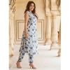 Generic Women's Casual Cotton Printed Sleeveless Kurti Set (White-Blue)