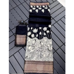 Generic Women's Dola Silk Printed Saree With Unstitched Blouse 5.5Mtr (Black)