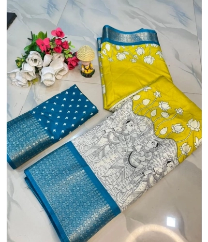 Generic Women's Dola Silk Printed Saree With Unstitched Blouse 5.5Mtr (Yellow )