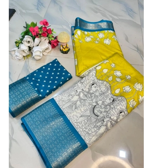 Generic Women's Dola Silk Printed Saree With Unstitched Blouse 5.5Mtr (Yellow )