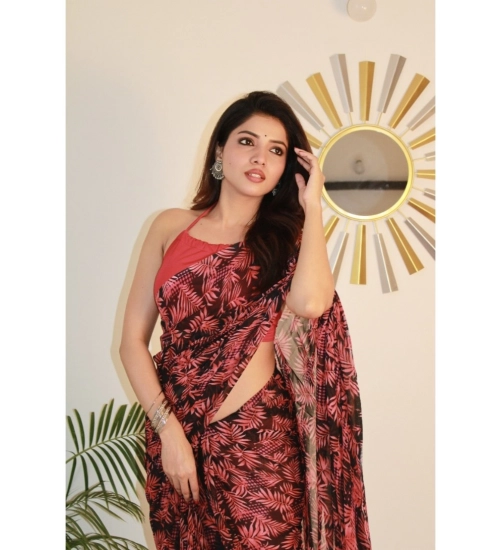 Generic Women's Georgette Printed Saree With Unstitched Blouse 5.5Mtr (Red)