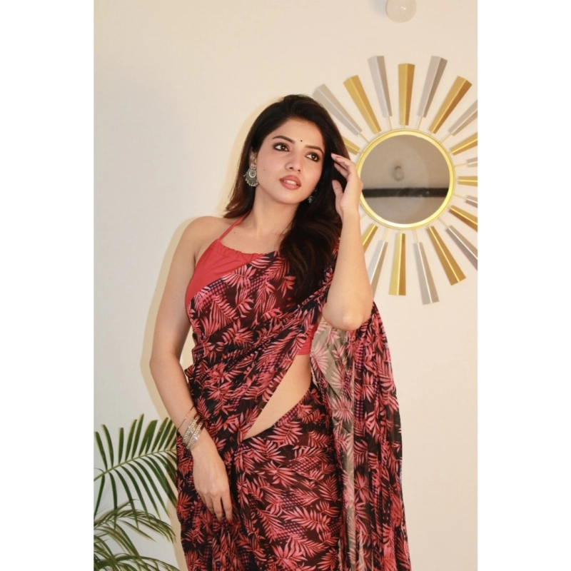 Women's Georgette Printed Saree With Unstitched Blouse 5.5Mtr (Red)