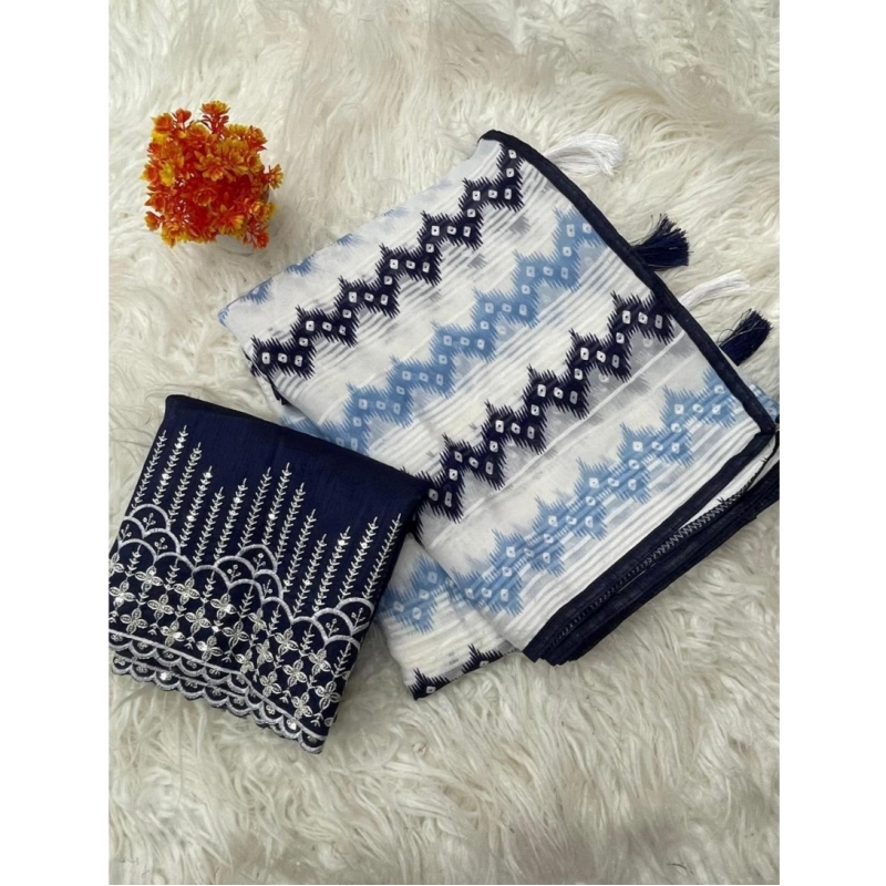 Women's Chiffon Printed Saree With Unstitched Blouse 5.5Mtr (Blue)