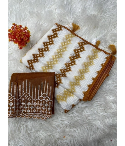 Generic Women's Chiffon Printed Saree With Unstitched Blouse 5.5Mtr (Brown)