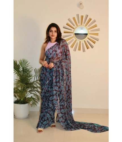 Generic Women's Georgette Printed Saree With Unstitched Blouse 5.5Mtr (Light Blue )