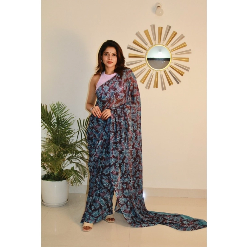 Women's Georgette Printed Saree With Unstitched Blouse 5.5Mtr (Light Blue )