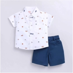 Generic Boy's Cotton Blend Printed Short Sleeve Shirt and Shorts Set (White)