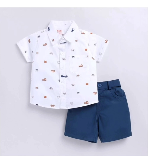 Generic Boy's Cotton Blend Printed Short Sleeve Shirt and Shorts Set (White)