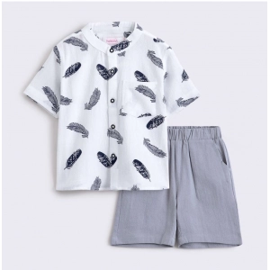Generic Boy's Cotton Blend Printed Short Sleeve Shirt and Shorts Set (White)