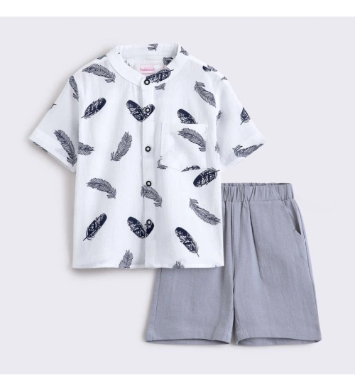 Generic Boy's Cotton Blend Printed Short Sleeve Shirt and Shorts Set (White)