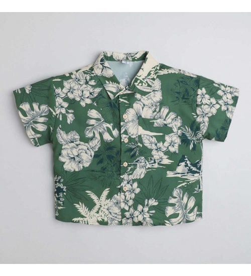 Generic Boy's Cotton Blend Printed Short Sleeve Shirt (Green)