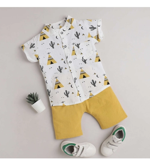 Generic Boy's Cotton Blend Printed Short Sleeve Shirt and Shorts Set (White)