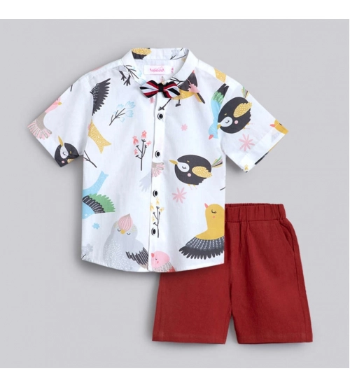 Generic Boy's Cotton Blend Printed Short Sleeve Shirt and Shorts Set (White)