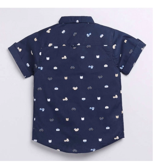 Generic Boy's Cotton Blend Printed Short Sleeve Shirt (Navy Blue)