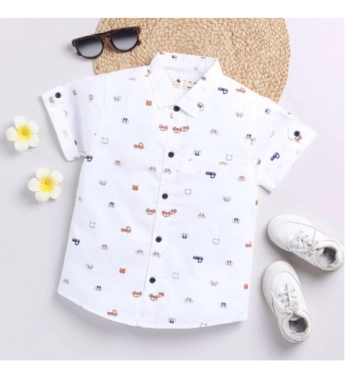 Generic Boy's Cotton Blend Printed Short Sleeve Shirt (White)
