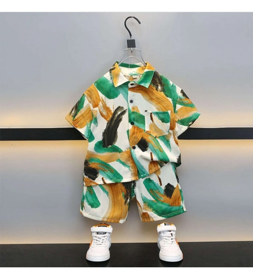 Generic Boy's Lycra Blend Printed Short Sleeve Shirt and Shorts Set (MultiColor)