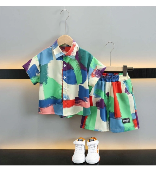 Generic Boy's Lycra Blend Printed Short Sleeve Shirt and Shorts Set (MultiColor)