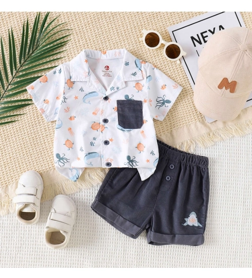 Generic Boy's Lycra Blend Printed Short Sleeve Shirt and Shorts Set (MultiColor)