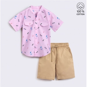 Generic Boy's Cotton Blend Printed Short Sleeve Shirt and Shorts Set (Pink)